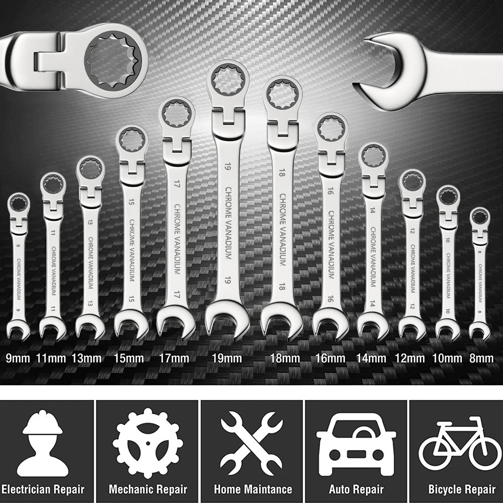 Ratcheting Combination Wrench Set, 6-22mm Metric Flex Head Ratcheting Wrench, Chrome Vanadium Steel Spanner with Bag    Home Decor Supply | Online Retail | ShoreShopper.com