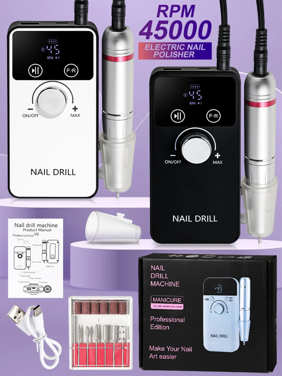 45000RPM Professional Nail Drill Machine Rechargeable Low Noise Electric Nail Drill Sander File for Manicure Gel  Polish Tool    Home Decor Supply | Online Retail | ShoreShopper.com
