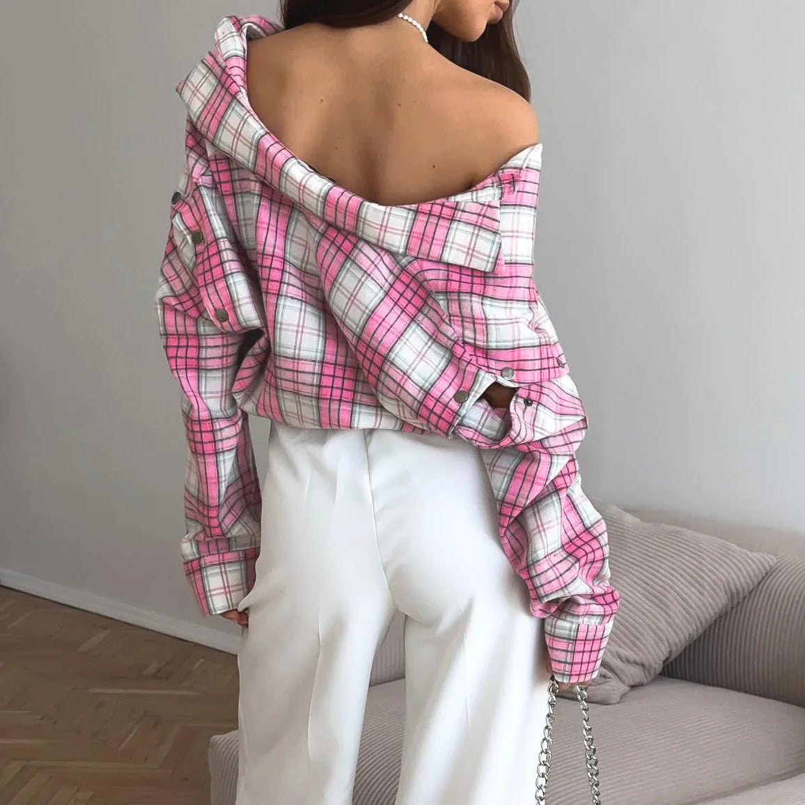 Pink Plaid Shirt for Women in Europe and America New Versatile Loose Shirt for Women Removable Long-sleeved Lapel Top    Home Decor Supply | Online Retail | ShoreShopper.com