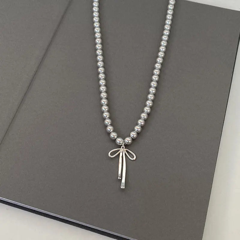 Fashionable Choker with Pendant Graceful Bowknot Pendant Choker Necklace with Gray Pearls Neck Jewelry Accessories    Home Decor Supply | Online Retail | ShoreShopper.com