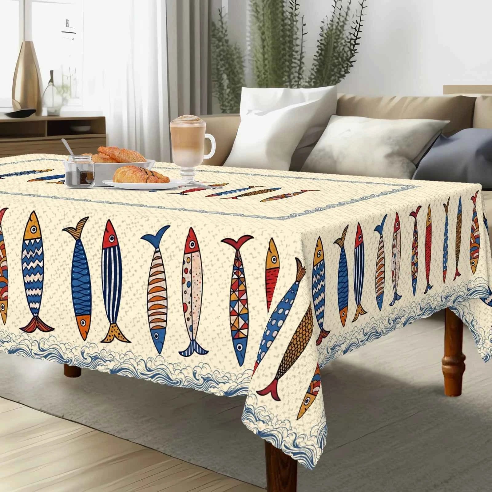 1pc Blue Fish Tablecloth, Ocean-themed Home Decoration, Summer Decor, Gift for Fishing Lovers, Polyester