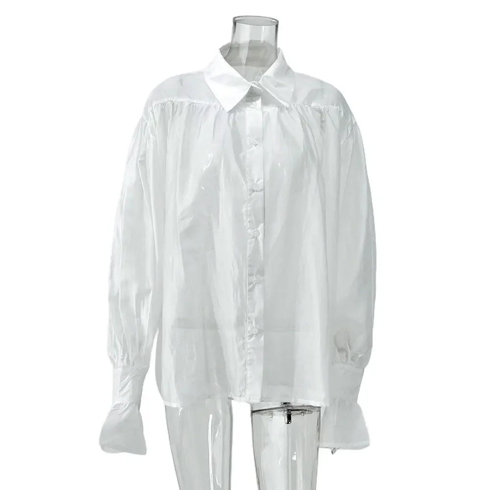Women's Shirt Long Sleeve Turn-down Collar Sexy See-through Loose Button Women Shirts Beach Style Simple Solid Color Casual Tops    Your Coastal Marketplace | Shoreshopper.com