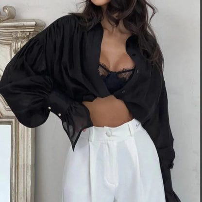 Women's Shirt Long Sleeve Turn-down Collar Sexy See-through Loose Button Women Shirts Beach Style Simple Solid Color Casual Tops    Your Coastal Marketplace | Shoreshopper.com