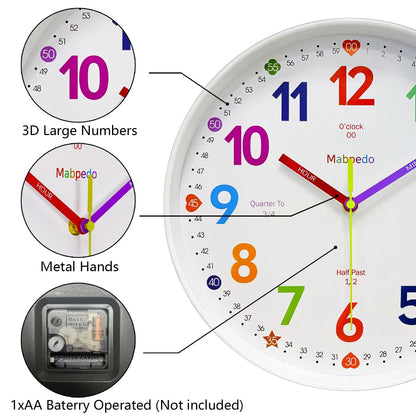 Early Education Wall Clock Colorful Number Kids Learning Time for School Classroom Bedrooms Silent Analog Clock 8/10/12 Inch    Home Decor Supply | Online Retail | ShoreShopper.com