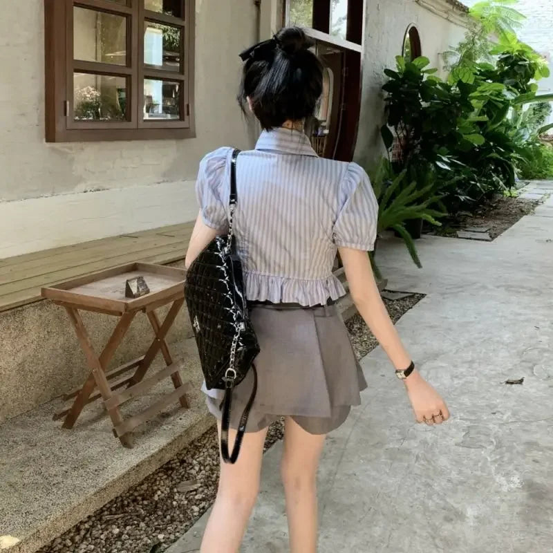 Bow-rinked Striped Shirt for Women Summer French Sweet and Spicy Puff Sleeve Shirt Short Short Sleeve Top    Home Decor Supply | Online Retail | ShoreShopper.com