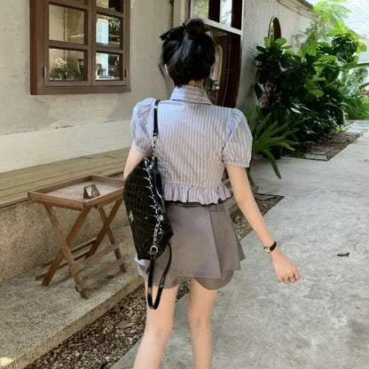 Bow-rinked Striped Shirt for Women Summer French Sweet and Spicy Puff Sleeve Shirt Short Short Sleeve Top    Home Decor Supply | Online Retail | ShoreShopper.com