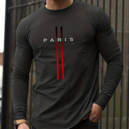 Men's Spring and Autumn 100% Cotton Loose and Comfortable Casual Paris Pattern Printed Round Neck Long Sleeve T-shirt    Home Decor Supply | Online Retail | ShoreShopper.com