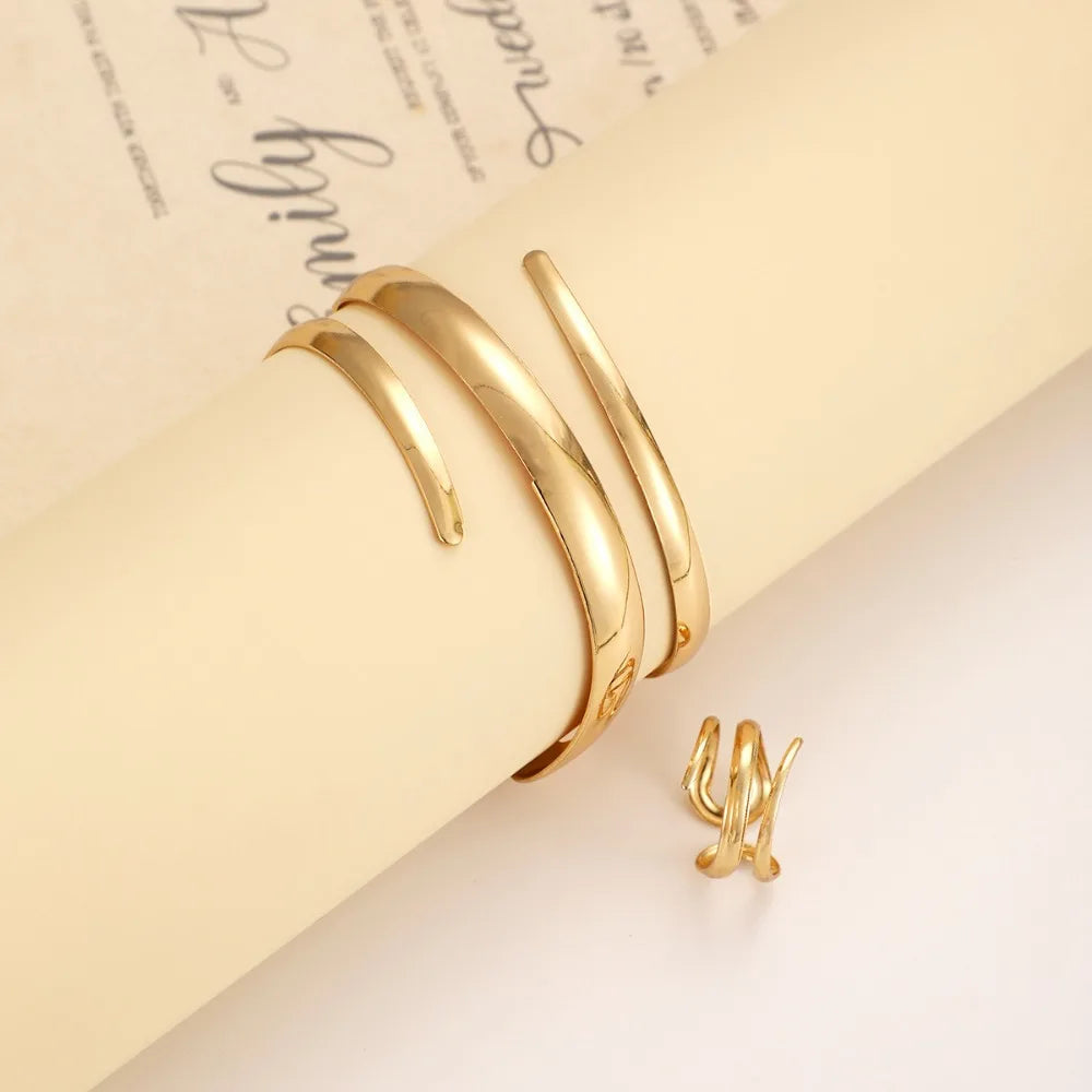 European and American Thick Bracelet and Ring Jewelry Set for Women Gold Color Geometric Line Bracelet Ring Combination Set Gift    Home Decor Supply | Online Retail | ShoreShopper.com