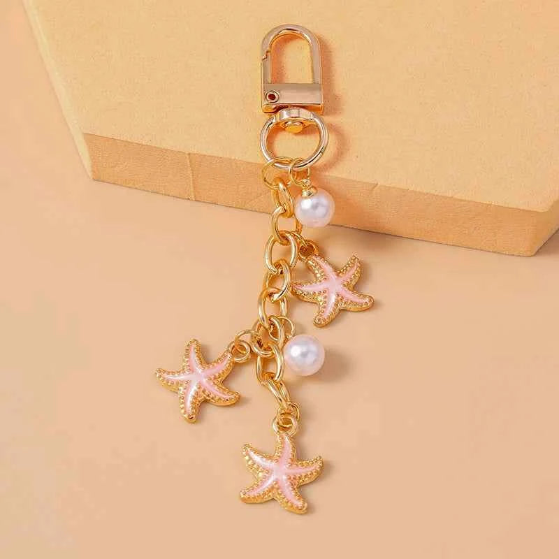 Fashion Summer Beach Shell Pearl Starfish Keychain for Women Men Car Key Handbag Purse Hanging Key Chains DIY Accessories