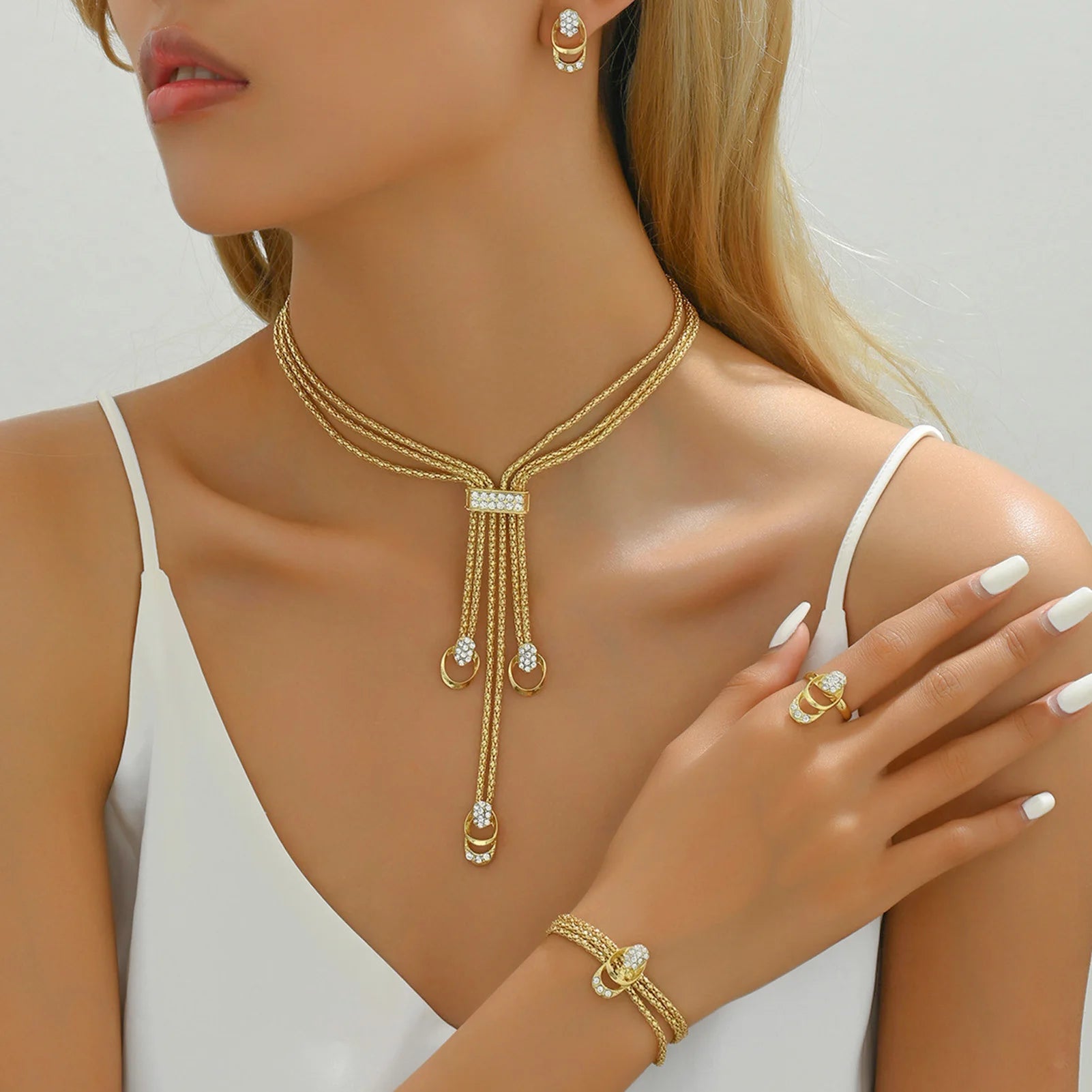 2025 Fashion Jewelry Set Luxury Alloy Long Tassel Necklace Bracelet Earrings Rings Elegant Women Banquet Wedding Accessories    Home Decor Supply | Online Retail | ShoreShopper.com