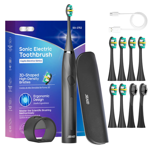 SEAGO Electric Toothbrush with 8 Soft Bristle Heads for Adults Pressure Sensor 5 Modes with 2 Minutes Smart Timer SG-2752 - ShoreCo.Shop