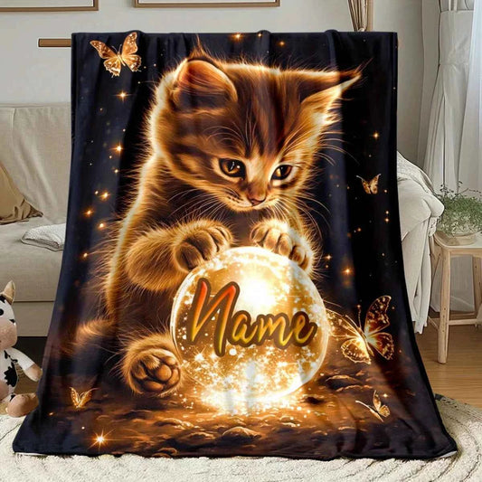 Personalized Kitten Blanket Magical Cat Holding Crystal Ball Name Custom Soft Fleece Throw Blanket Kids Room Decor Gift