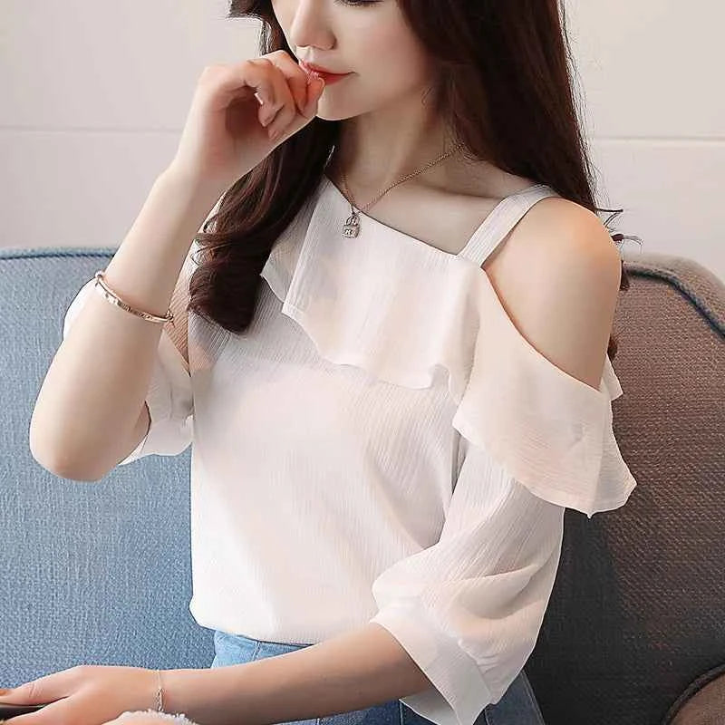Women's Shirt Tops One-Shoulder Ruffles Short-sleeved Chiffon Blouse