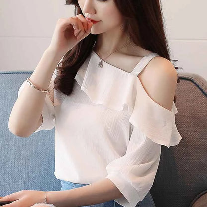 Women's Shirt Tops One-Shoulder Ruffles Short-sleeved Chiffon Blouse