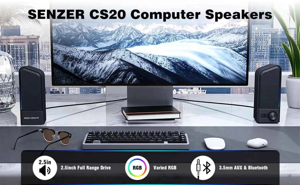SENZER Computer Speakers-Gaming Speaker with Stereo Sound,PC Sound Bar for Laptop Desktop Monitor (Bluetooth & 3.5mm Aux)