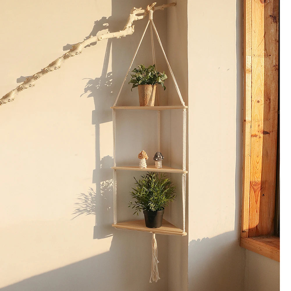 Corner Shelf Macrame Wall Hanging Wood Floating Shelves Rustic Boho Wall Shelf Decor Storage Rack for Plants Pots Photo Frames    Home Decor Supply | Online Retail | ShoreShopper.com