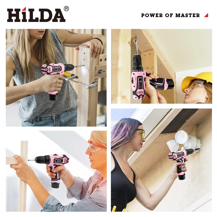 HILDA 21V Pink Drill Electric Drill Electric Screwdriver  Cordless Drill Mini Wireless Power Tools Lithium-Ion Battery - ShoreCo.Shop