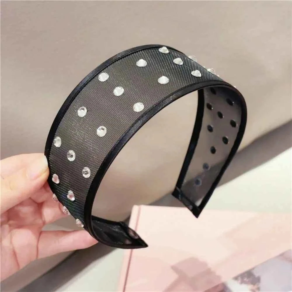 Headwear Mesh Pearls Headband Creative Beads Rhinestone Wide Hair Hoop Solid Color Waterproof Black White Hairband Wash Face