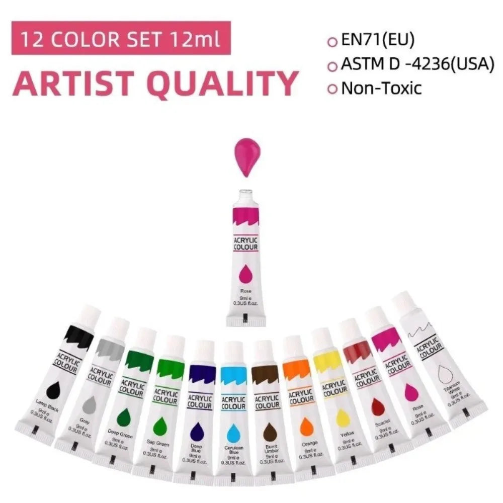 12 Color Acrylic Paint Set 9ml Tubes Waterproof Art Supplies for Beginner Artists DIY Painting on Canvas Wall Art Stationery    Home Decor Supply | Online Retail | ShoreShopper.com