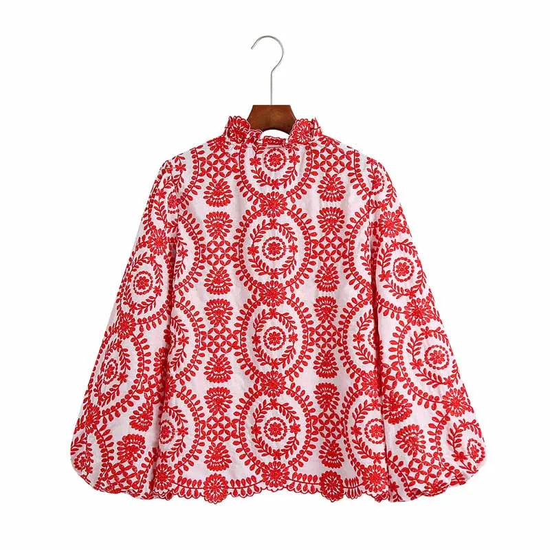 Women Red Floral Embroidered Shirt V Neck Long Sleeve Blouse Down Bohemian T-Shirt Casual Vacation Style Summer Clothing    Your Coastal Marketplace | Shoreshopper.com
