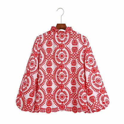 Women Red Floral Embroidered Shirt V Neck Long Sleeve Blouse Down Bohemian T-Shirt Casual Vacation Style Summer Clothing    Your Coastal Marketplace | Shoreshopper.com