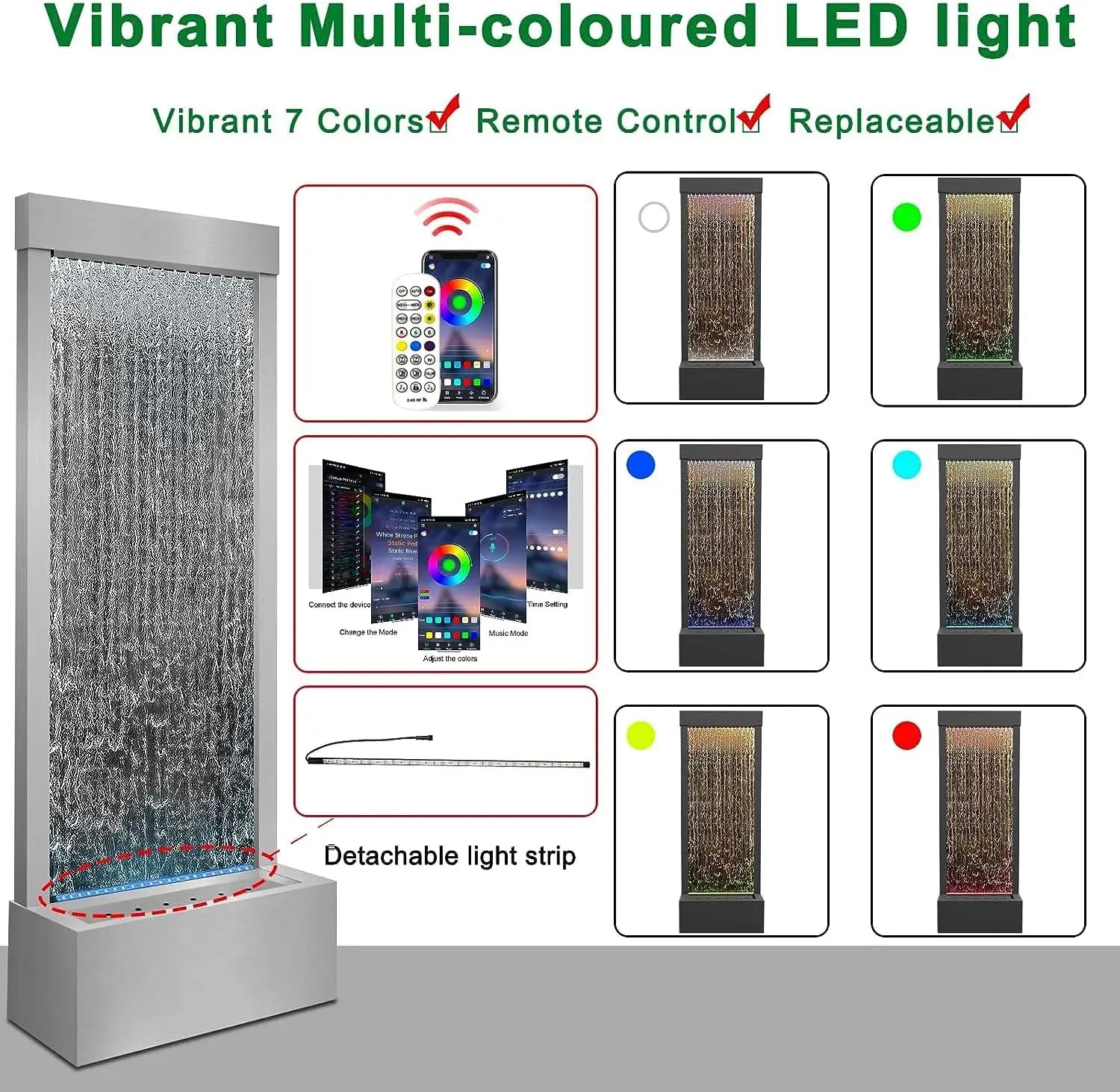 Mirror Waterfall Fountain Indoor, 48" Water Feature With 7 Colors Light, Self-Contained LED Kit, Large Stainless Steel Home Deco - ShoreCo.Shop