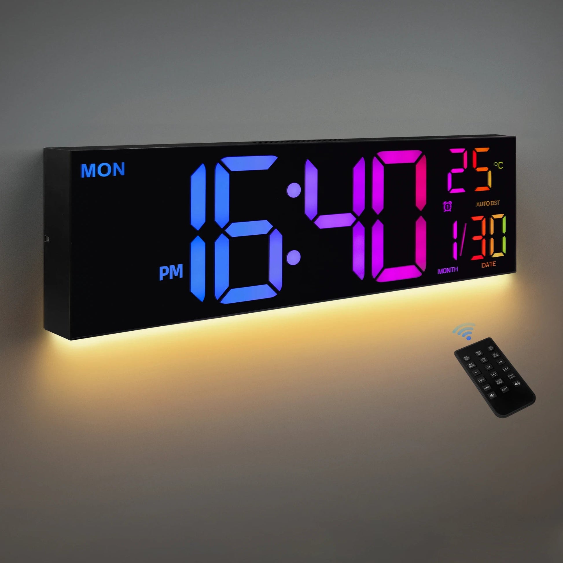 16" Large Digital Wall Clock, Big LED Display with Remote, 8 RGB Color, Alarm, DST, Temperature for Living Room, Kitchen    Home Decor Supply | Online Retail | ShoreShopper.com