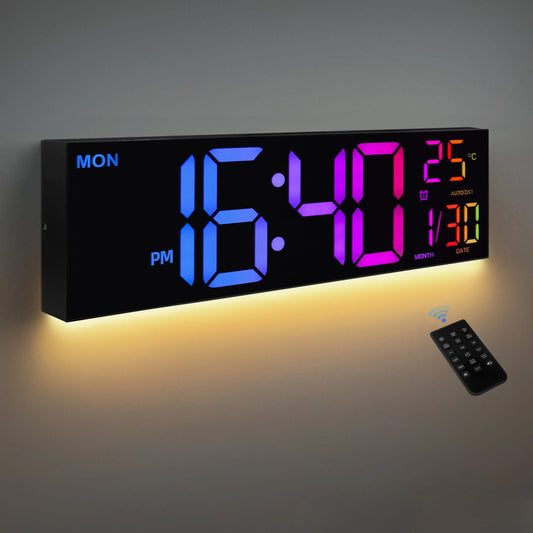 16" Large Digital Wall Clock, Big LED Display with Remote, 8 RGB Color, Alarm, DST, Temperature for Living Room, Kitchen    Home Decor Supply | Online Retail | ShoreShopper.com