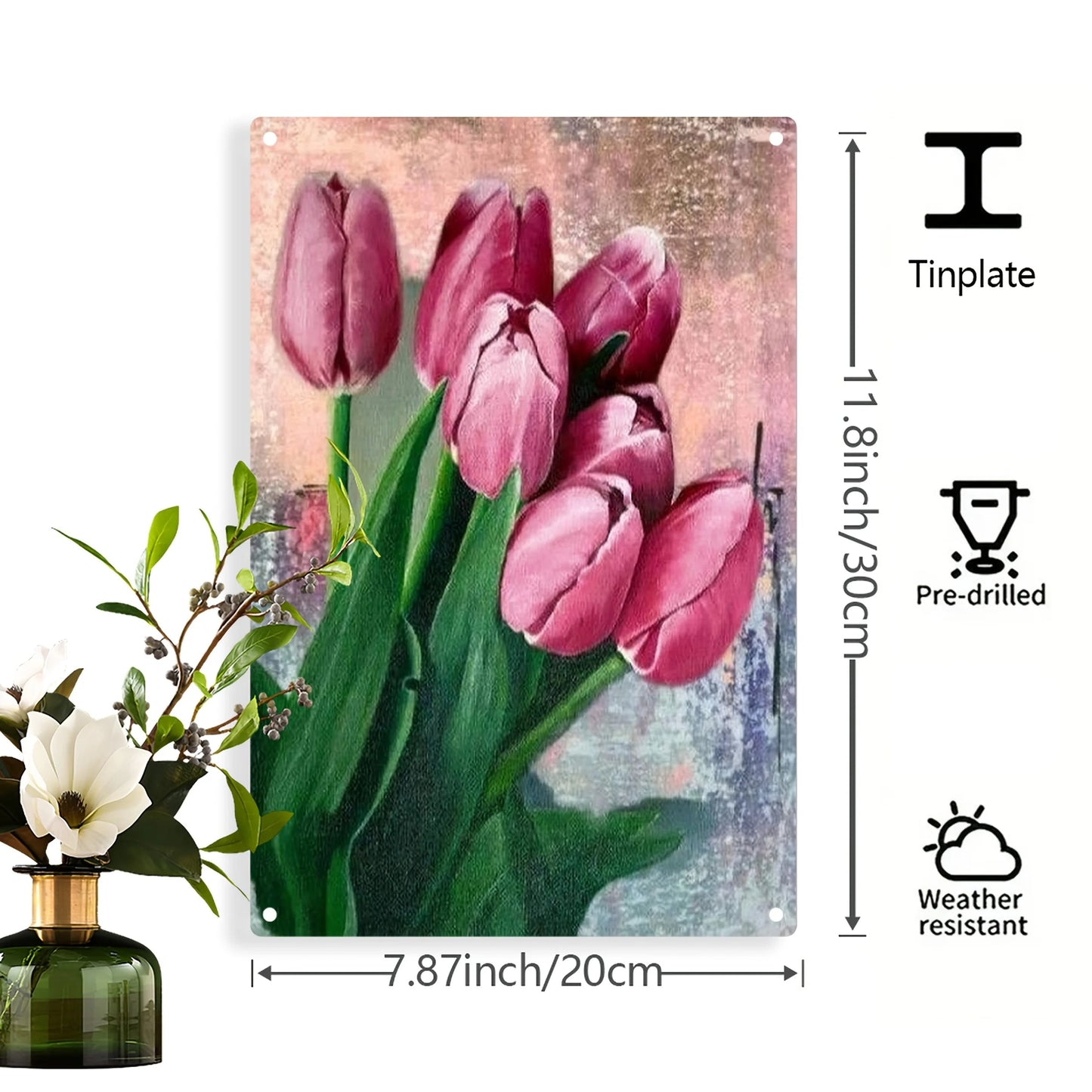 Vibrant Pink Tulip Bouquet 2D Flat Metal Wall Art - Weather-Resistant Decor for Home, Garden, Patio, 7.87x11.8 Inch    Home Decor Supply | Online Retail | ShoreShopper.com