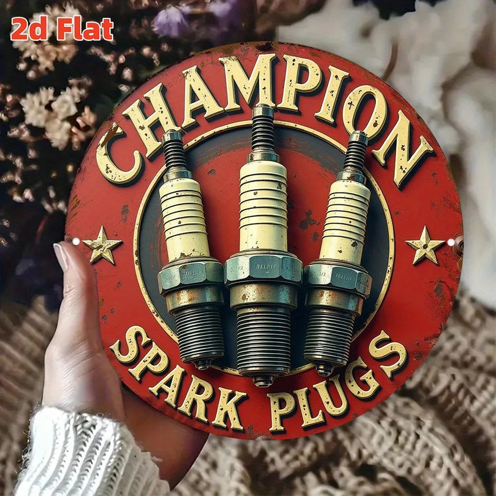 Vintage Champion Spark Plug Logo Metal Wall Art - 19.81cm Round Aluminum Sign with Red & Golden Racing Design, Automotive Engine    Home Decor Supply | Online Retail | ShoreShopper.com