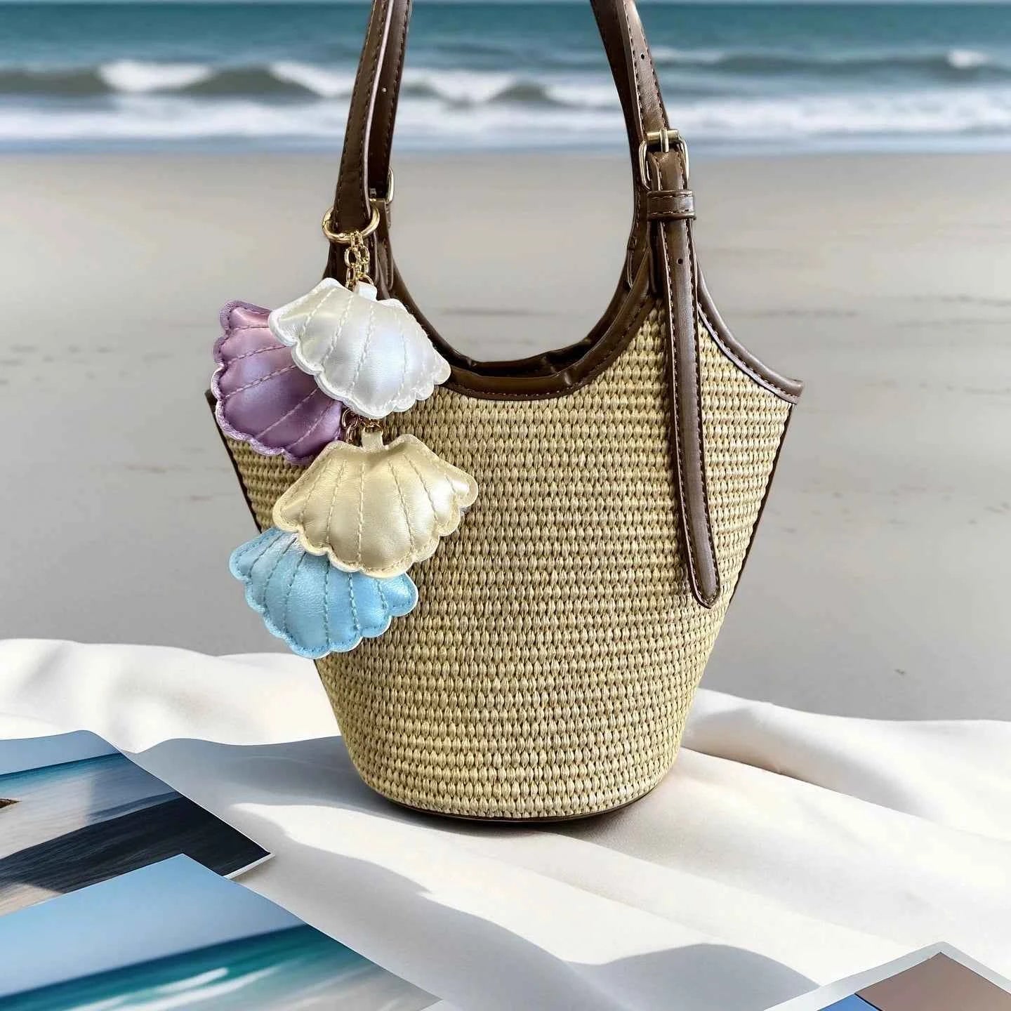 4 Pcs Stylish PU Leather Summer Beach Style Keychain/Bag Charm Set-Cute Lobster/Crab/Seashell-car/Bag/Room Accessories/Hanger-