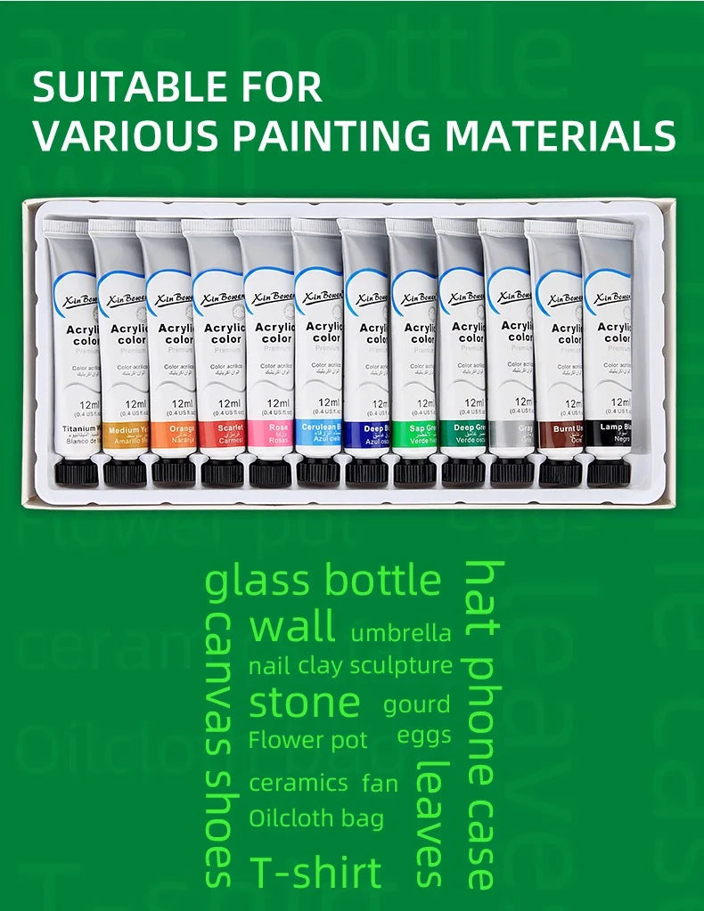 12Color Acrylic Paint Set 12ml Tubes Waterproof Art Supplies for Beginner Artists DIY Painting on Canvas Wall Art Craft Projects    Home Decor Supply | Online Retail | ShoreShopper.com