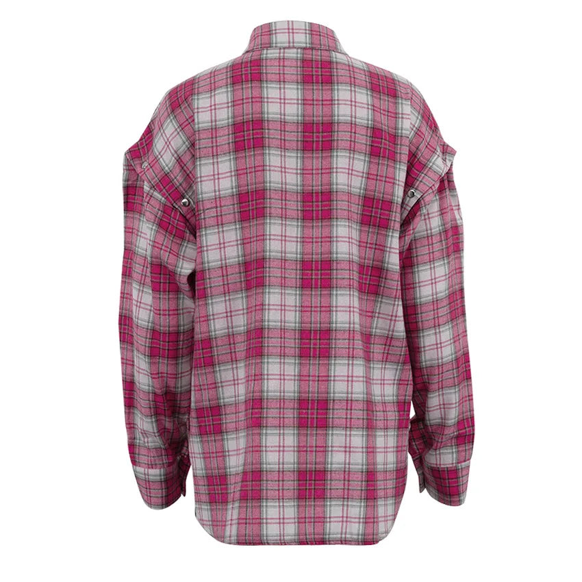 Pink Plaid Shirt for Women in Europe and America New Versatile Loose Shirt for Women Removable Long-sleeved Lapel Top    Home Decor Supply | Online Retail | ShoreShopper.com