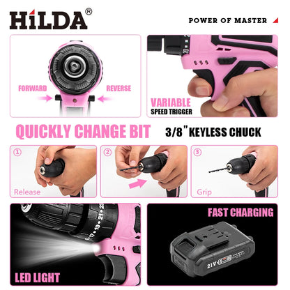 HILDA 21V Pink Drill Electric Drill Electric Screwdriver  Cordless Drill Mini Wireless Power Tools Lithium-Ion Battery - ShoreCo.Shop