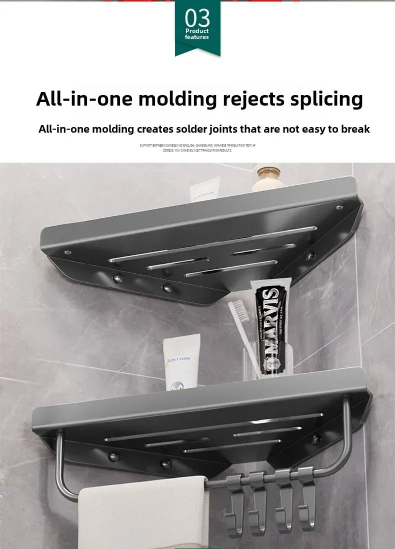 Bathroom Triangle Drain Shelf No Drilling Wall Mounted Cosmetic and Toiletries Hollow Carbon Steel Shelf with Hooks    Home Decor Supply | Online Retail | ShoreShopper.com