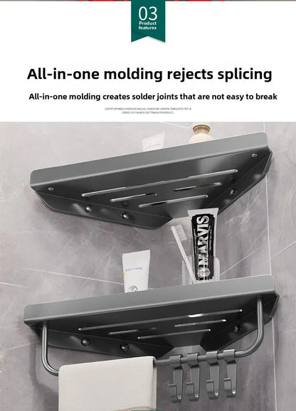 Bathroom Triangle Drain Shelf No Drilling Wall Mounted Cosmetic and Toiletries Hollow Carbon Steel Shelf with Hooks    Home Decor Supply | Online Retail | ShoreShopper.com