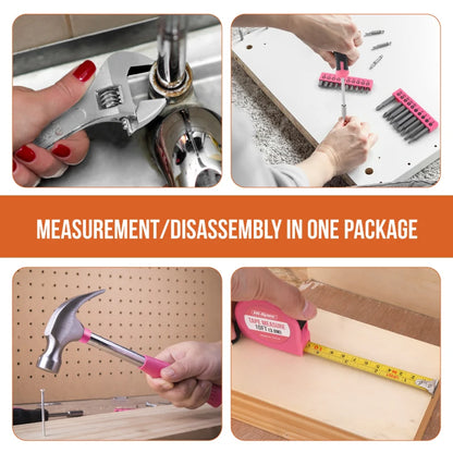 Hi-Spec 92-Piece Pink Home Tool Box Set, Multi-Function Hand Repair Kit with Hammer Cordless Power Drill Combo for Household DIY - ShoreCo.Shop