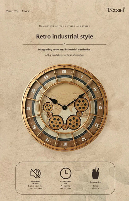 Retro Industrial Roman Wall Clock  Gear Rotation Clock Living Room Decorative Wall Clock Stylish Silent Wall Clock Quartz Clock    Home Decor Supply | Online Retail | ShoreShopper.com