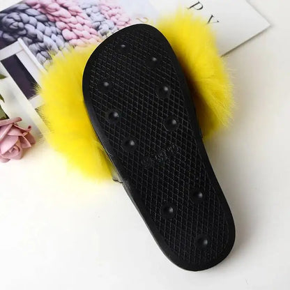 Summer Women Fur Slides Fluffy Furry Slippers Indoor Fuzzy Flip Flops Casual Outdoor Flat Ladies Fur Sandals Plush House Shoes - ShoreCo.Shop
