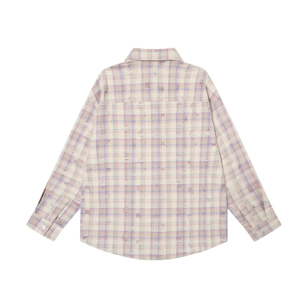 Ripped Plaid Long Sleeve Shirts Mens Pocket Autumn High Street Loose Lapel Single Breasted Checked Shirt Men    Home Decor Supply | Online Retail | ShoreShopper.com