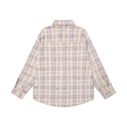 Ripped Plaid Long Sleeve Shirts Mens Pocket Autumn High Street Loose Lapel Single Breasted Checked Shirt Men    Home Decor Supply | Online Retail | ShoreShopper.com