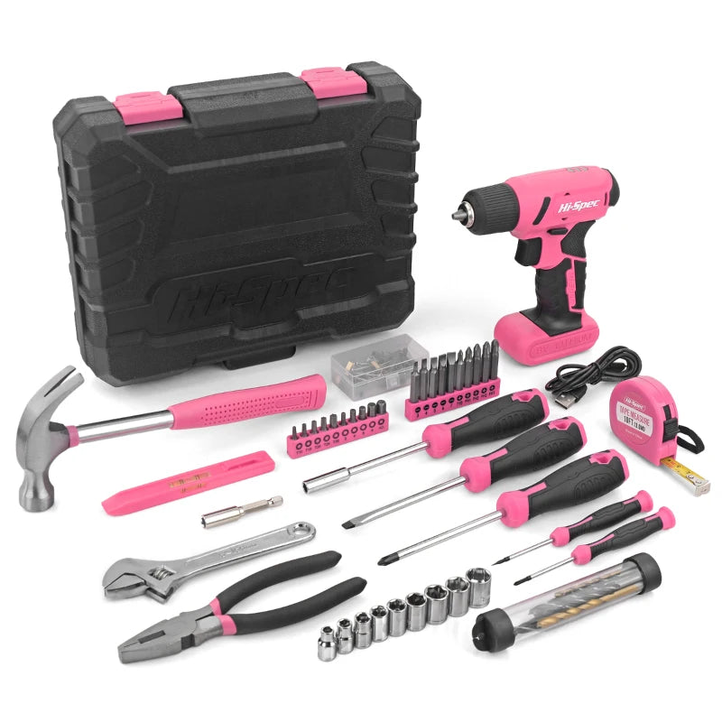 Hi-Spec 92-Piece Pink Home Tool Box Set, Multi-Function Hand Repair Kit with Hammer Cordless Power Drill Combo for Household DIY - ShoreCo.Shop