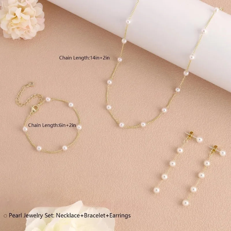 Gold Jewelry Set for Women, Dainty 14K Gold/Silver Plated Pearl Necklace and Earring Set with Drop Earrings Bracelets Necklace    Home Decor Supply | Online Retail | ShoreShopper.com