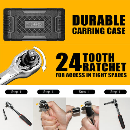 46pcs/set Drive Socket Set Ratchet Wrench Set Car Tool Kit, Bit Socket Wrench Set Metric Mechanic Tool Set Car accessories - ShoreCo.Shop