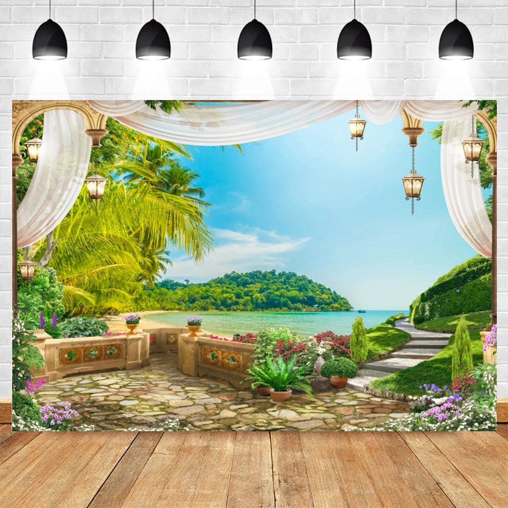 Summer Seaside Beach Photography Backdrop Natural Scenery Castle Tropical Sunshine Palms Leaves Photo Background Studio Props    Your Coastal Marketplace | Shoreshopper.com
