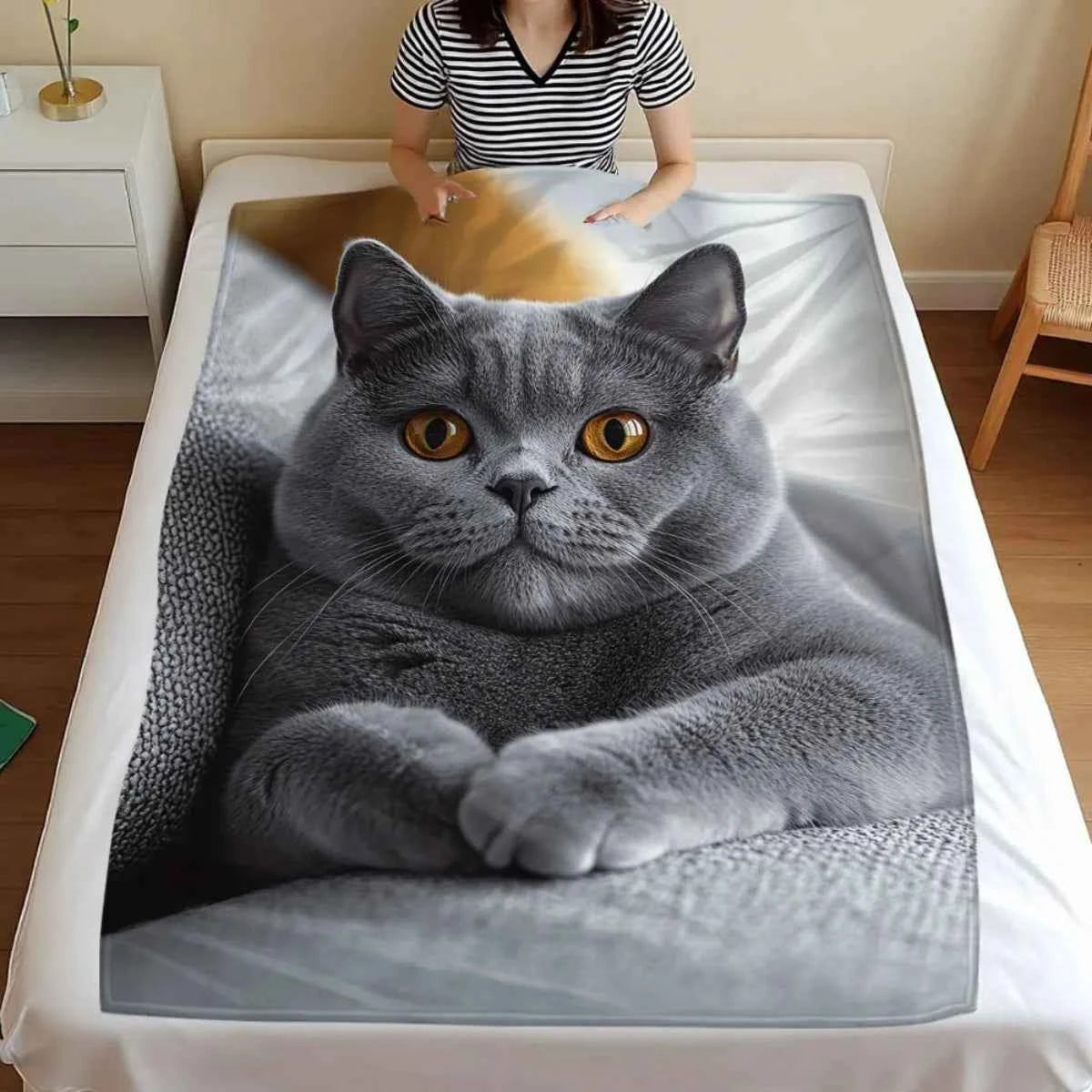 Personalized British Shorthair Cat Fleece Blanket - Custom Feline Portrait Luxury Plush Throw