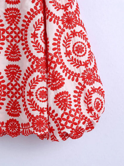 Women Red Floral Embroidered Shirt V Neck Long Sleeve Blouse Down Bohemian T-Shirt Casual Vacation Style Summer Clothing    Your Coastal Marketplace | Shoreshopper.com