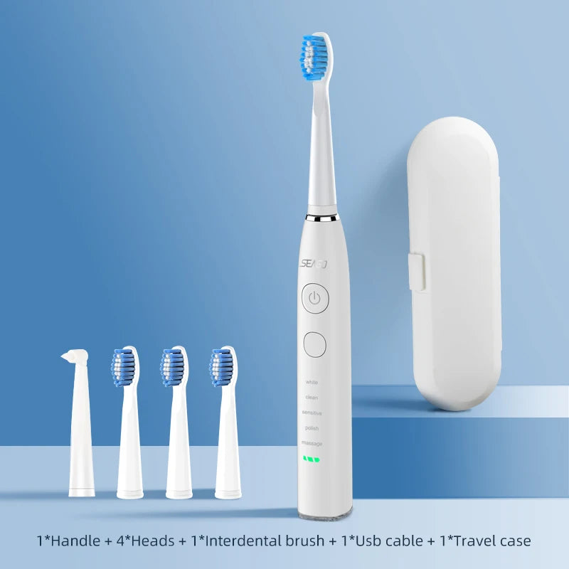 Seago Electric Sonic Toothbrush USB Rechargeable Adult 360 Days Long Battery Life IPX7 4 Replacement Heads Travel Box  SG-575 - ShoreCo.Shop