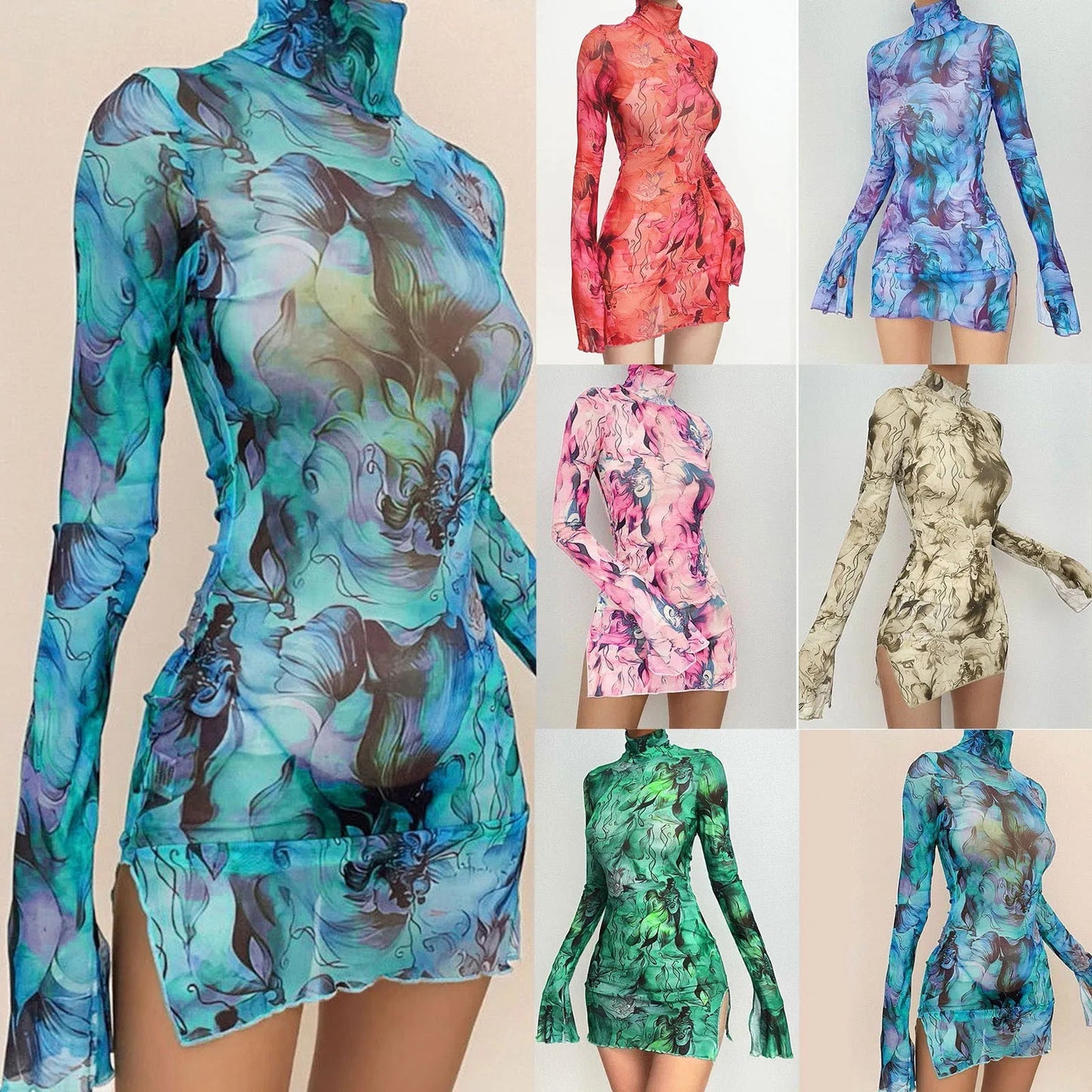 Top Selling Mesh Printed Round Neck Womens Dresses For Teens Plus Size Bell Sleeve Side Open Hip Dress Vestidos Para Mujer    Home Decor Supply | Online Retail | ShoreShopper.com