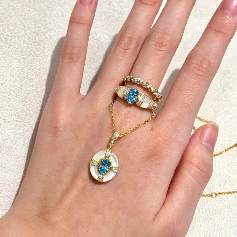 Classic blue jewelry sets dreamy aquamarine gem White Fritillaria ring necklace High quality palace style retro wedding gift    Home Decor Supply | Online Retail | ShoreShopper.com